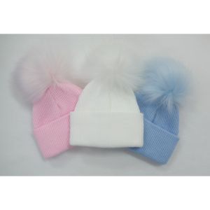 Hat Ribbed Knitted Fur Pom Pom - Blue, Pink or White
