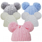 SOFT TOUCH Hat Two Pom Pom 0-6 mths - Blue, Pink, White or Grey