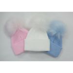 Hat Ribbed Knitted Fur Pom Pom - Blue, Pink or White